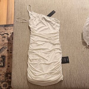 Lulu's Ivory One-Shoulder Ruched Mini Dress